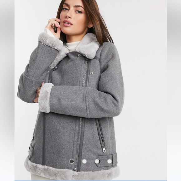 Vero Moda Jackets & Blazers - Vero Moda Aviator Jacket in Grey Wool with Faux Fur Trim Size S Brand New